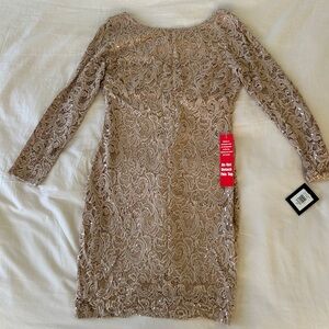 MARINA Elegant Long Sleeve Lace Dress in Tan/Gold